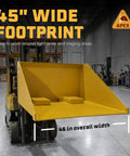 Heavy Duty Front Loading Forklift Bucket Half Cubic Yard Capacity 45 Inch Wide Self Dumping Scoop showing 45 inch wide footprint in warehouse.