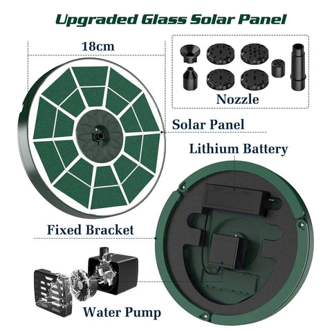 Go To Solar Water Pump Fountain For Garden Bird Bath With Built In 1500mAh Battery 3.5W Panel And 8 Nozzles components