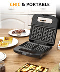 3 In 1 Waffle, Grill And Sandwich Maker With Removable Nonstick Plates, indicator lights, compact black design on kitchen counter