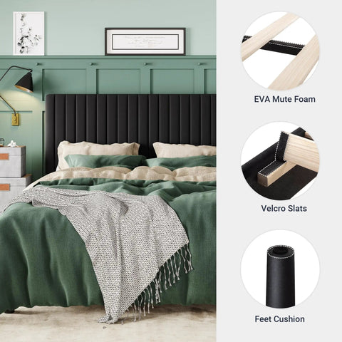 Queen Size Bed Frame With Plush Velvet Upholstery And Channel Tufted Headboard Boasting Solid Wooden Slats For No Sweat Mattress Support Big Time Comfort Black Bedroom Setup with plush pillows and decorative throw.