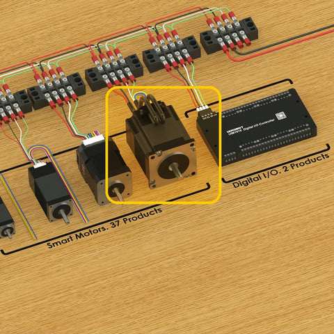 Front view of NEMA 23 integrated servo motor with built-in encoder and shaft, connected to CAN bus controller.