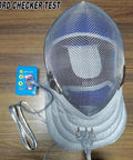 Fencing Gear Diagnostic Tool With Color-Coded Slots And Indicator Lights For Epee, Foil, And Saber Blades next to fencing helmet.