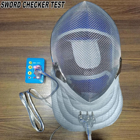 Fencing Gear Diagnostic Tool With Color-Coded Slots And Indicator Lights For Epee, Foil, And Saber Blades next to fencing helmet.