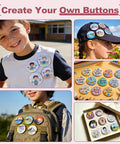 Create Your Own Buttons displayed on children, showing Blush Pink Button Maker Machine 58mm Pin Badge Press Tool With 30 Complete Sets And Sharp Cutter.