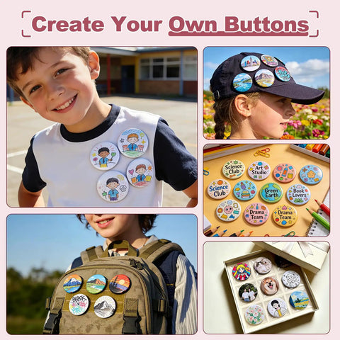 Create Your Own Buttons displayed on children, showing Blush Pink Button Maker Machine 58mm Pin Badge Press Tool With 30 Complete Sets And Sharp Cutter.