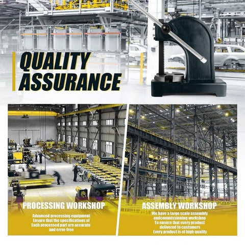 Tough As Nails Heavy Duty Desktop Arbor Press featuring solid steel lever assembly in a modern workshop setting.