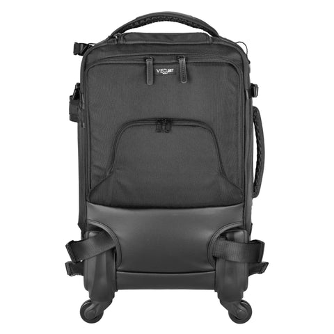 Front view of 58T Pro Camera Trolley Bag And Backpack For DSLR And Mirrorless Gear With Removable Partitions Left Tripod Pocket Black