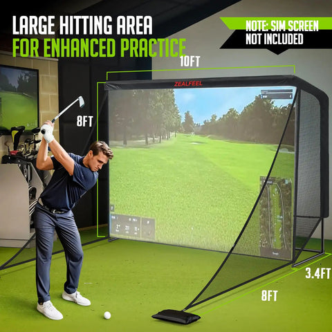 Man practicing with 10x7ft Golf Simulator Enclosure Net With Side Barriers, Low Noise Silk Target in indoor setting.