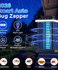 Image shows a 2 In 1 Bug Zapper With LED Night Light No Fuss Outdoor Mosquito Killer Portable Rechargeable 5000mAh Battery 4000V Electric Fly Zapper hanging in a backyard at night.