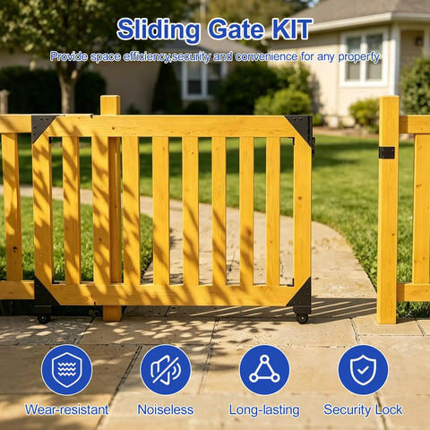 Heavy Duty Sliding Gate Hardware Kit With Smooth Silent Roll Wheels For 1 To 2 In Wood Frames, Anti Sag Corner Brackets, Ideal For Deck Driveway Porch Or Yard Gates on wooden gate