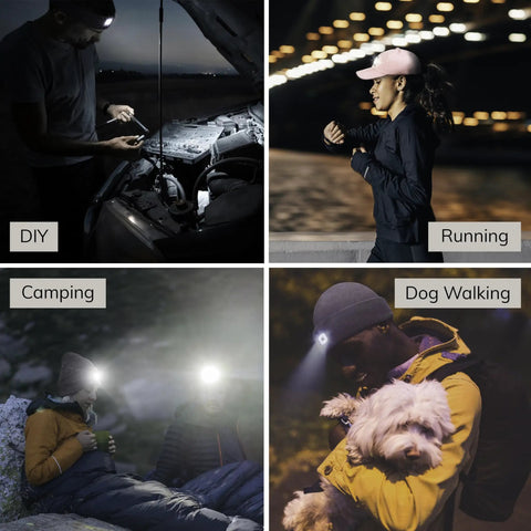 Rechargeable LED Baseball Cap With Built In USB Light And 3 Brightness Levels For Running Walking Golf And Camping visible in different outdoor activities.