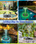 4W Solar Powered Bird Bath Fountain With Color LED Lights And 7 Nozzles in garden, pool, pond settings at night.