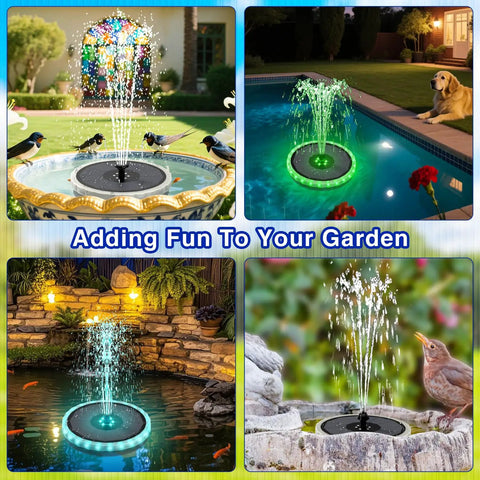4W Solar Powered Bird Bath Fountain With Color LED Lights And 7 Nozzles in garden, pool, pond settings at night.