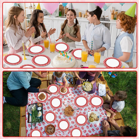 100 Count 7 Inch Red And White Checkered Paper Plates For Parties at birthday and picnic gatherings for desserts and foods.