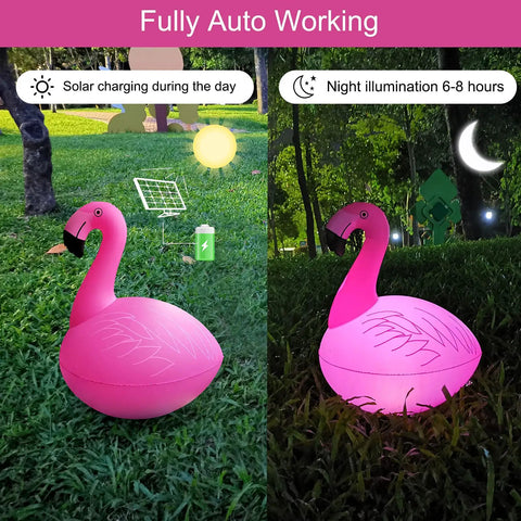 Solar Flamingo Floating Pool Lights 4 Pack showing day and night use with pink LED glow in garden.