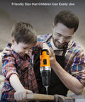 Father and son using 20V Cordless Drill Set With 300 Inch Pound Torque, 0 To 450 And 0 To 1650 RPM, Three Eighths Inch Keyless Chuck