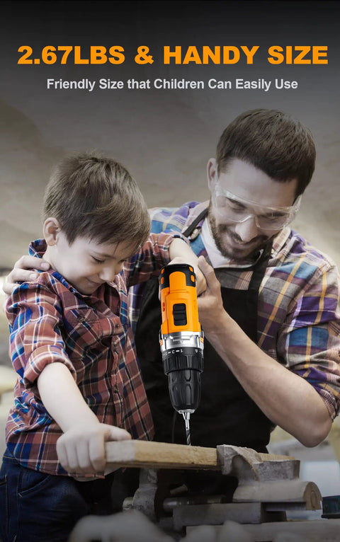 Father and son using 20V Cordless Drill Set With 300 Inch Pound Torque, 0 To 450 And 0 To 1650 RPM, Three Eighths Inch Keyless Chuck