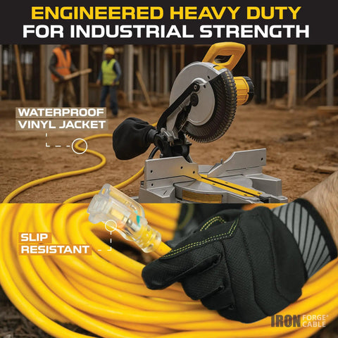 Tough As Nails Heavy Duty Outdoor Extension Cord 75 Ft 10 Gauge 15 Amp Yellow SJTW Weatherproof 3 Prong Power Cable in use on site