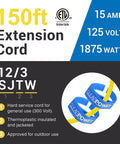 150 Ft 12/3 SJTW Yellow Outdoor Extension Cord With Power Indicator Light, 15 Amp Heavy Duty For Tools And Appliances