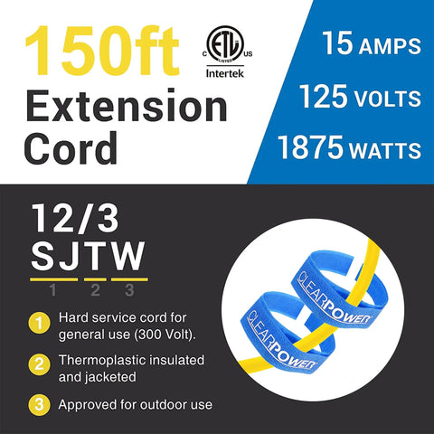 150 Ft 12/3 SJTW Yellow Outdoor Extension Cord With Power Indicator Light, 15 Amp Heavy Duty For Tools And Appliances