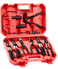 9-piece hose clamp plier set in red case with long-reach swivel jaw and flat-band pliers