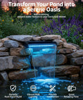 8 Inch Pond Waterfall Spillway With RGB LED Lights And 660 GPH Pond Pump, stainless steel over natural rocks in a backyard.