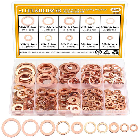 Copper Washers Kit 228-Piece Set Must-Have 10 Sizes M5-M16 Flat and Sealing Metric Metal Washers Displayed in Box