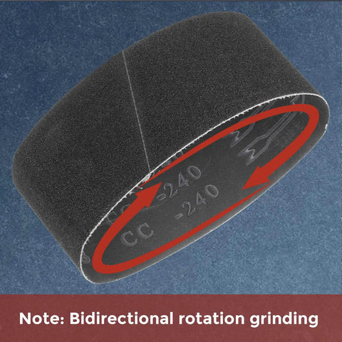 No Sweat Heavy Duty 4 X 36 Inch Sanding Belts 600 Grit Silicon Carbide Abrasive With Reinforced Butted Joint For Silky Smooth Wood And Metal Polish 6 Piece Bundle close-up of sanding belt with bidirectional rotation feature