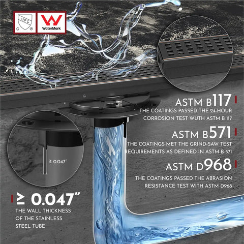 Close-up of water flowing over 12 Inch Linear Shower Drain With Square Hole Pattern Cover Grate In SUS304 Stainless Steel, Oil Rubbed Bronze Finish.