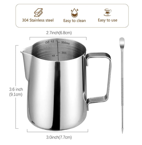 Go-To Milk Frothing Pitcher Jug For Espresso And Latte Art Foam Making, Pro Grade 304 Stainless Steel with Measurements Engraved