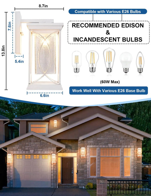 Dope Outdoor Wall Light With Crackle Glass And Dusk To Dawn Sensor Waterproof Black Finish Exterior Sconce For Front Door Porch Garage Or Patio Modern Matte Black Wall Mount Lighting For Home shown on stone house with bulb recommendations.