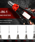 Knuckle-Saving 13 Inch Pop Rivet Gun With 150 Pcs Fasteners And Sturdy Nib Collector showing adjustable nozzles and gripping handle.