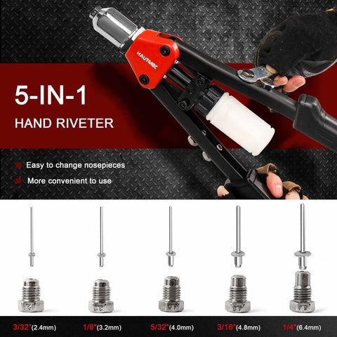 Knuckle-Saving 13 Inch Pop Rivet Gun With 150 Pcs Fasteners And Sturdy Nib Collector showing adjustable nozzles and gripping handle.