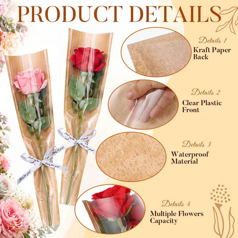 150 Pack Rose Sleeve Bouquet Bags Kraft Paper Backed With Plastic Front showcasing red and pink roses in clear plastic sleeves.