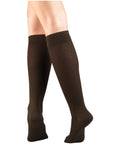 Women Knee High Compression Socks 15-20 MmHg Moderate Graduated Support Lightweight Breathable Rib Knit Dress Stockings In Brown shown on legs