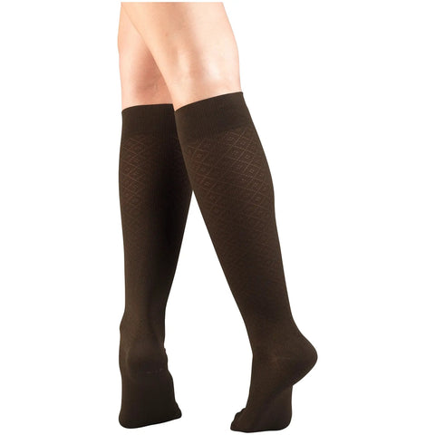 Women Knee High Compression Socks 15-20 MmHg Moderate Graduated Support Lightweight Breathable Rib Knit Dress Stockings In Brown shown on legs