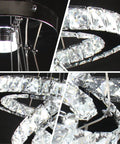 Close-up of Lit Three Ring LED Chandelier with K9 crystal rings and stainless steel details, showcasing color temperature options.