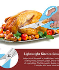 All Purpose Kitchen Scissors 2 Pack cutting roasted turkey, blue comfort grip handles, stainless steel blades, colorful vegetable garnish