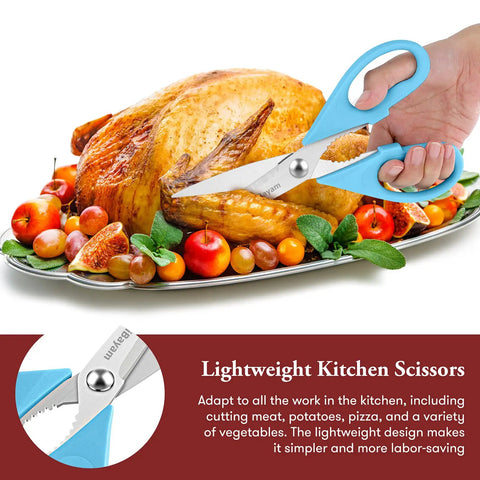 All Purpose Kitchen Scissors 2 Pack cutting roasted turkey, blue comfort grip handles, stainless steel blades, colorful vegetable garnish