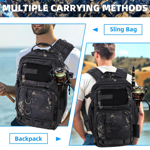 All In One 103 Piece Fishing Tackle Bag Set For Men Waterproof Camouflage Backpack With Rod Holder and Sling Storage Bags showcased on models