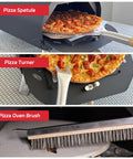 7 Piece Pizza Oven Tools Kit For Home And Outdoor Ovens With Pro Grade Stainless Steel Pizza Peel Oven Brush Bubble Popper Turner Rocker Cutter Dough Roller And Scraper For Quick Easy Homemade Pies, shown with pizza spatula, turner, and brush