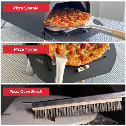 7 Piece Pizza Oven Tools Kit For Home And Outdoor Ovens With Pro Grade Stainless Steel Pizza Peel Oven Brush Bubble Popper Turner Rocker Cutter Dough Roller And Scraper For Quick Easy Homemade Pies, shown with pizza spatula, turner, and brush