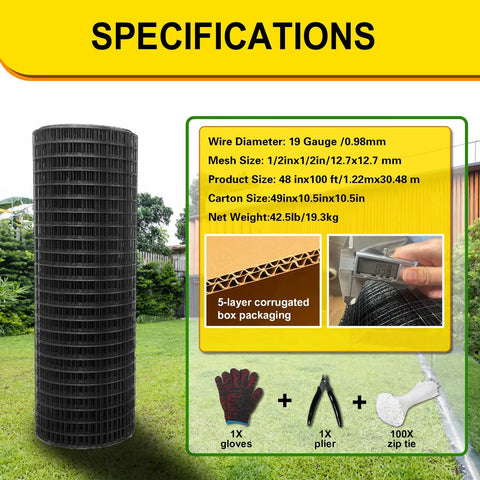 Heavy Duty 19 Gauge Black Vinyl Coated Hardware Cloth 48 X 100 Feet Half Inch Mesh Welded Fence specifications with gloves and tools.