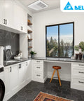 Laundry room with Radiance 80 CFM white bathroom exhaust fan with light, heater, and thermostat on ceiling, energy efficient.