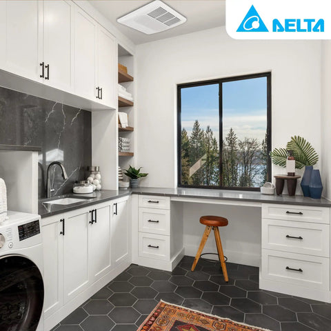 Laundry room with Radiance 80 CFM white bathroom exhaust fan with light, heater, and thermostat on ceiling, energy efficient.
