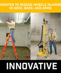 Hella Smooth Overhead Drill Press for Concrete with seven-foot reach in use, mounted, reducing muscle strain, integrated dust extraction.
