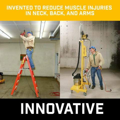 Hella Smooth Overhead Drill Press for Concrete with seven-foot reach in use, mounted, reducing muscle strain, integrated dust extraction.