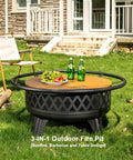 38 Inch Wood Burning Fire Pit For Outdoor Patio Round Fire Pit With Grill And Metal Lid Grill Ready Backyard Fire Pit Table