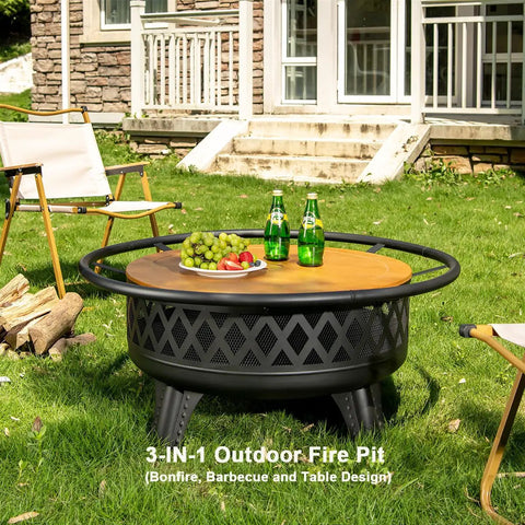 38 Inch Wood Burning Fire Pit For Outdoor Patio Round Fire Pit With Grill And Metal Lid Grill Ready Backyard Fire Pit Table