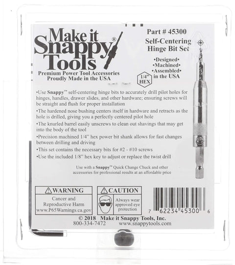 Three Piece Self Centering Hinge Drill Bit Set With 5/64 Inch, 7/64 Inch And 9/64 Inch Bits, Includes 1/8 Inch Hex Key Drive Shank And 1/4 Inch Hex Power Bit Shank, Fast Swap Quick Change, Made In USA